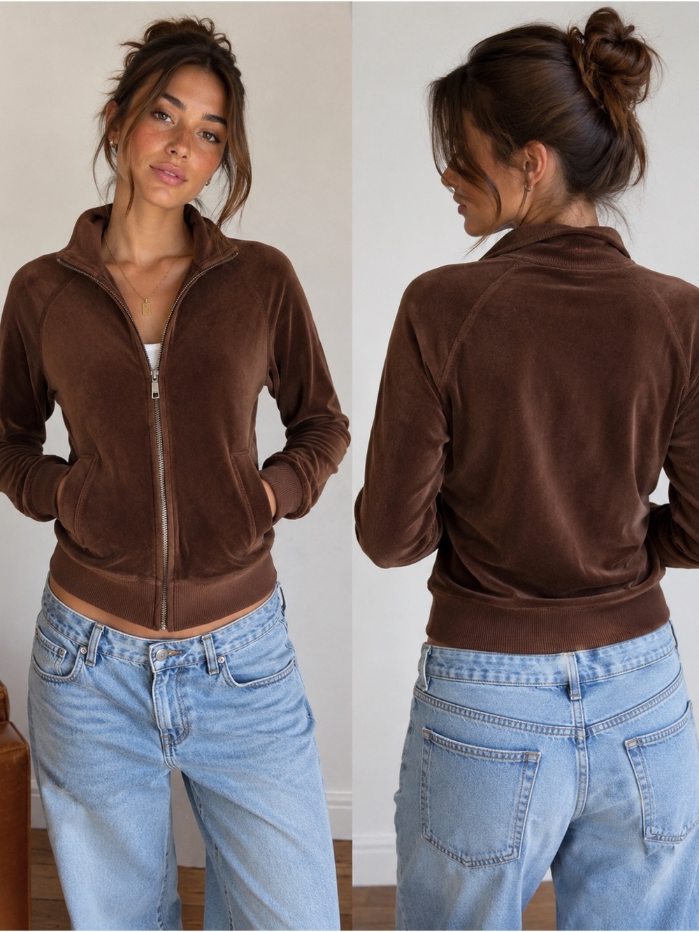 Vintage Y2K Juicy Couture Brown Velour Track Jacket Bratz Athleisure Cozy M
